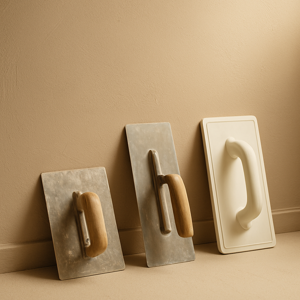 Close-up of a smooth plaster finish with professional plastering tools