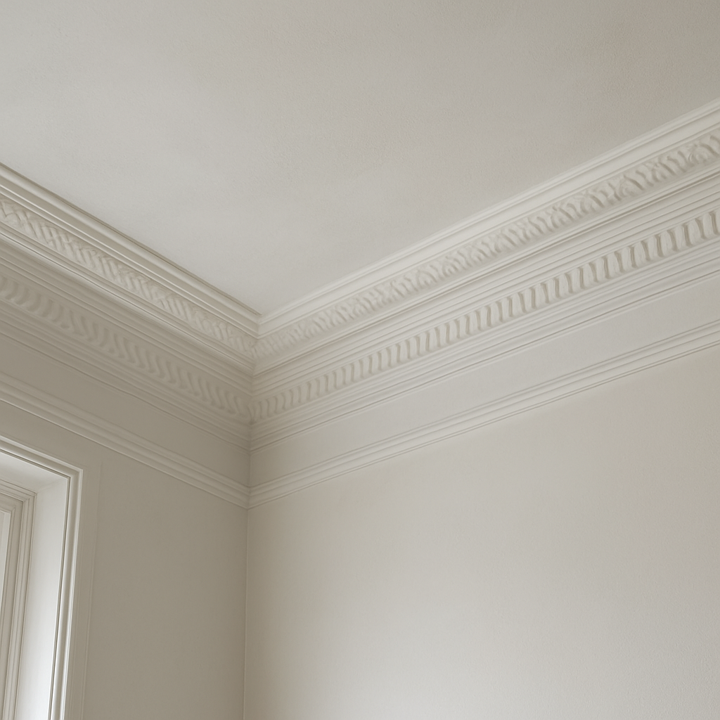 Crisp white ornate cornices and smooth plaster ceiling finish in an elegant home