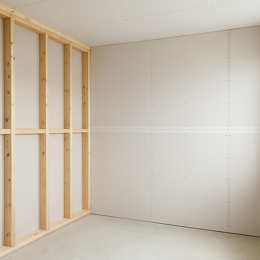 New plasterboard drywall sheets being installed on timber studs in a residential room