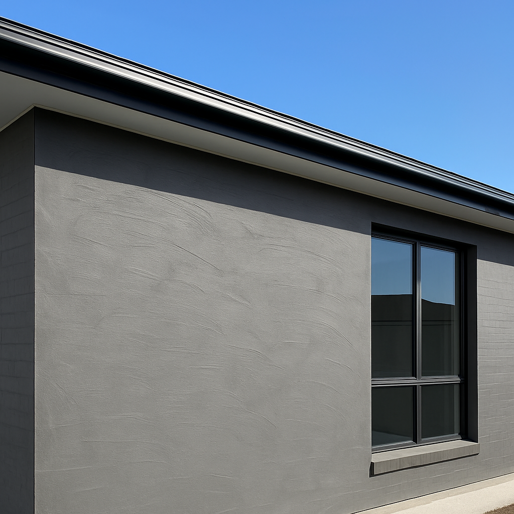 Smooth grey render applied to the exterior brick wall of a modern Australian home