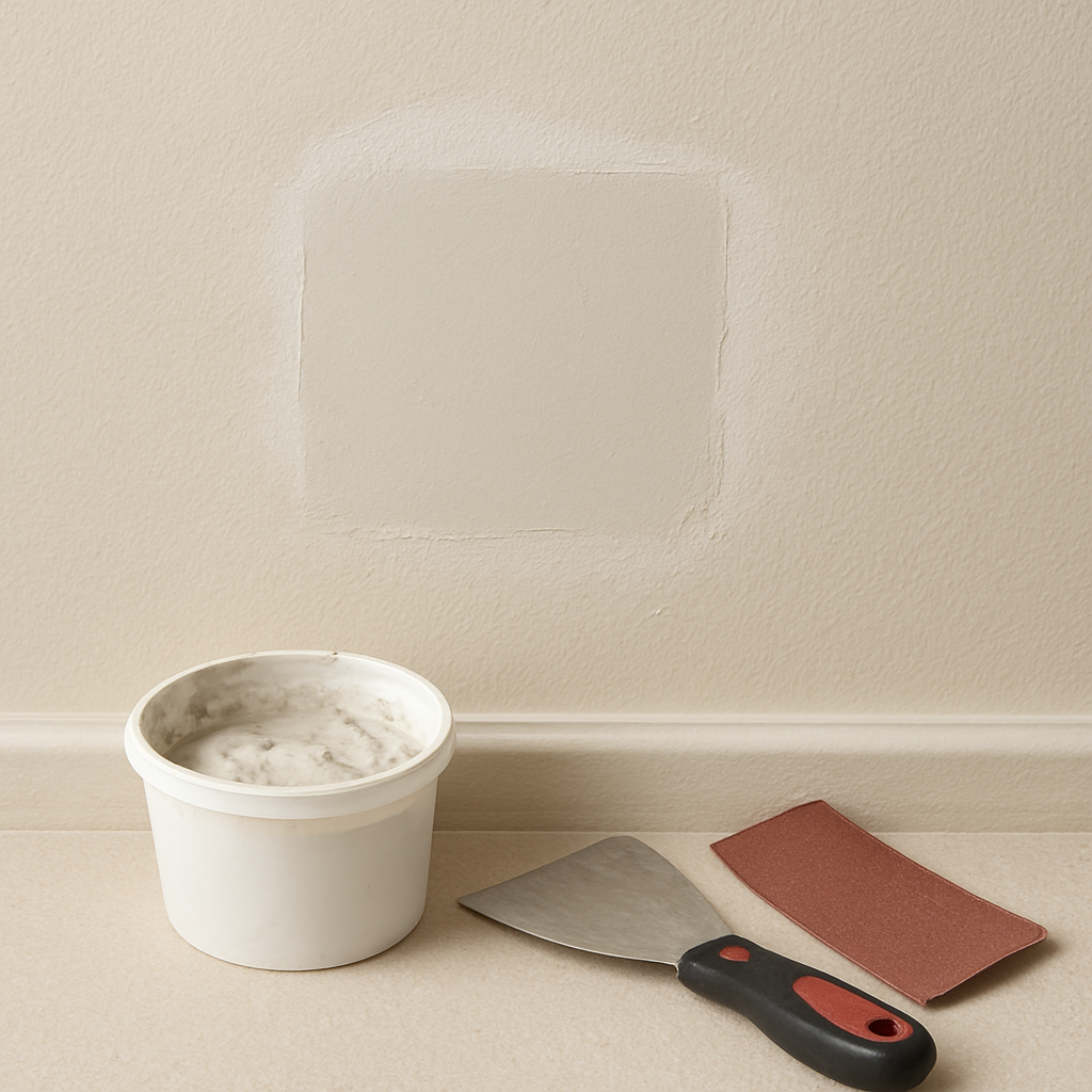 Expertly patched and sanded plaster repair on an interior wall ready for painting